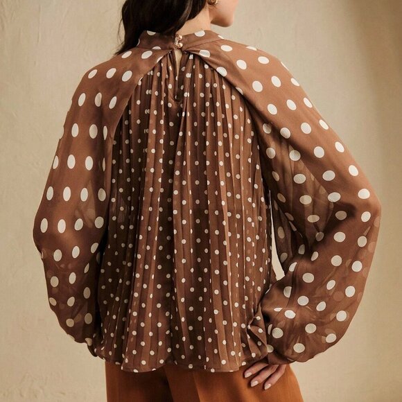 Brown Elegant Womens Polka Dot Pleated detailed bow Tie Front Long Sleeve Blouse - Picture 4 of 8